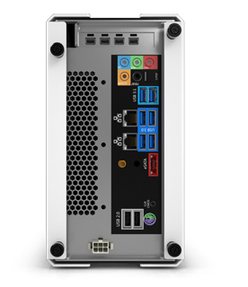 Rear view of a silver mini PC showing USB ports, Ethernet, audio jacks, and eSATA.