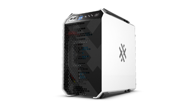 A compact white and black small form factor desktop computer case with a perforated side panel.