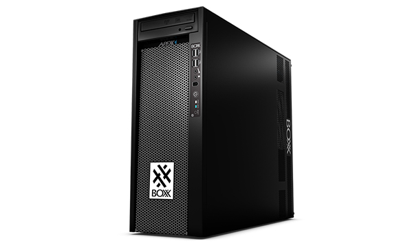 A black BOXX desktop computer tower with a mesh front panel and various ports on the front.