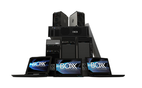 Various black and silver desktop towers and three open laptops displaying the Boxx Technologies logo.