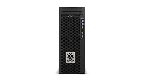 A black BOXX brand desktop computer tower standing vertically against a white background.
