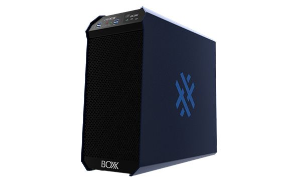 A dark blue BOXX workstation with a black mesh front and a blue logo on the side.