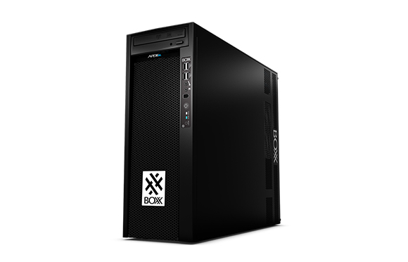 A black BOXX desktop computer tower viewed from a three-quarter angle against a white background.