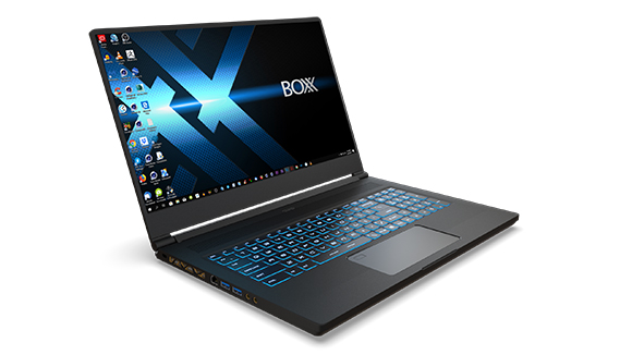 An open black laptop displaying a blue graphic on the screen and a backlit blue keyboard.
