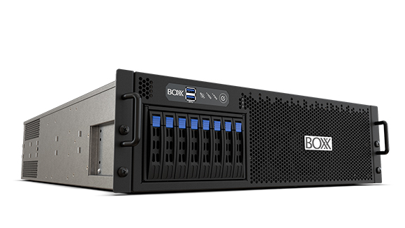 A black BOXX rack-mount server with multiple drive bays and front-facing ports on a white background.