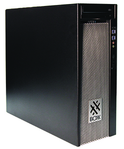 A black vertical desktop computer tower with a mesh front panel and various ports on the side.
