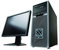 A black computer monitor next to a silver and black BOXX desktop tower.