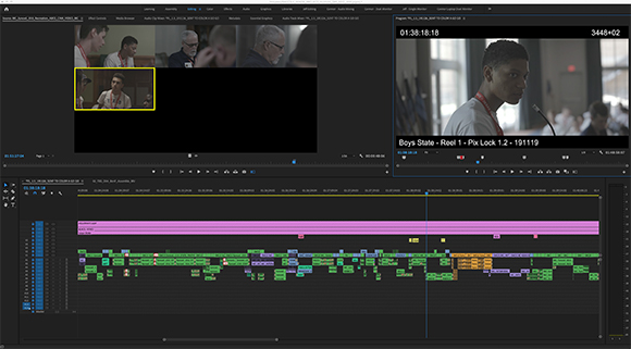 A video editing software interface displaying video preview windows and a multi-track timeline.
