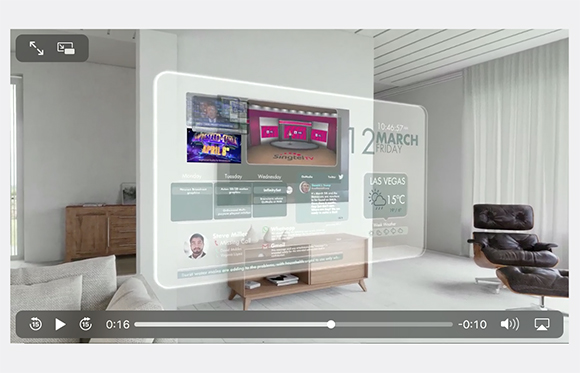 A translucent digital screen displaying news, weather, and time floating in a bright, minimalist living room.