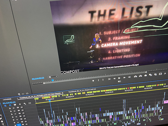 A computer screen displaying video editing software with a clip titled THE LIST and multiple audio/video tracks.