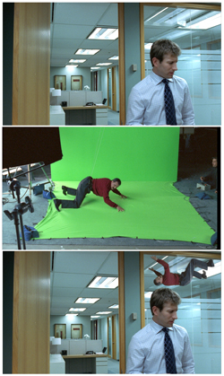 Three panels showing a man in a light blue shirt in an office and a man in a red shirt falling on a green screen.