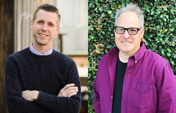 Two portraits: a man in a dark sweater on the left and a man in a red checkered shirt on the right.