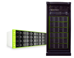 A horizontal green and black server unit next to a tall vertical black server unit.