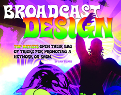 Colorful magazine cover with large text reading 'Broadcast Design' over a silhouette of a person and a dolphin.