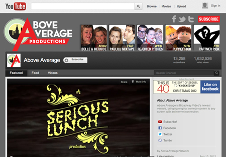YouTube channel banner for Above Average Productions featuring various character thumbnails and a subscribe button.