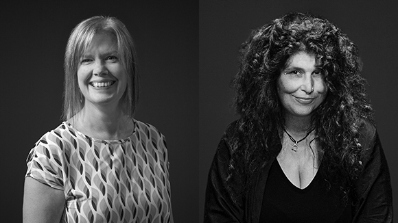 Two black and white portraits of smiling women against a dark background.