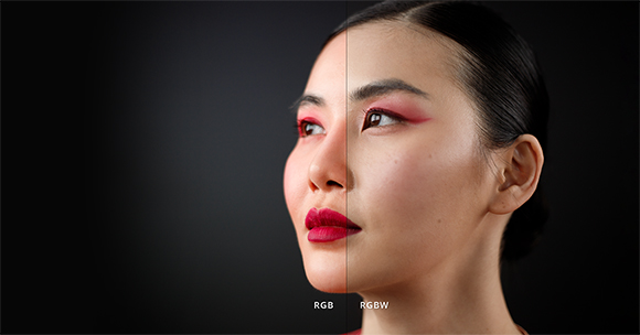 A split-screen profile of a person's face showing different color rendering modes labeled RGB and RGBW.