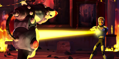 A character in a white suit fires a bright yellow energy beam from a handheld device toward a large machine.