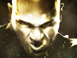 A man's face illuminated by bright golden light, showing an intense, shouting expression.