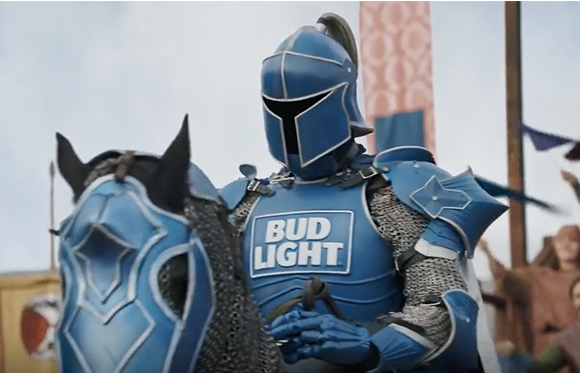 A knight in blue plate armor with a Bud Light logo on the chest riding a horse.