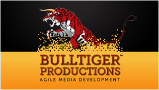 A red and white tiger with a bull's horn leaping over gold particles above the text Bulltiger Productions.