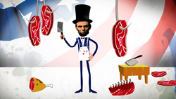 Caricature of Abraham Lincoln holding a meat cleaver, surrounded by hanging steaks and bloodstains.