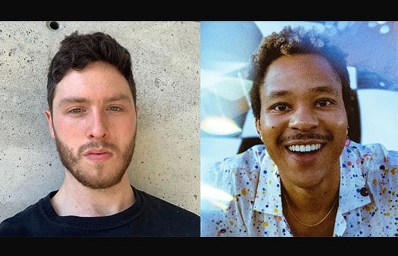 Two portraits of men, one with light skin and dark hair, the other with dark skin and a smiling expression.