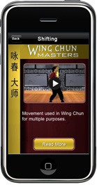 Smartphone screen showing a Wing Chun Masters app interface with a video preview of a martial artist.