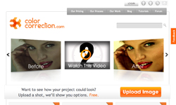 Website interface showing a before and after color correction comparison of a woman's face.