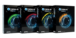 Four black Cinema 4D software boxes for Prime, Broadcast, Visualize, and Studio versions.