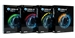 Four black software boxes lined up, each featuring a different colored circular graphic.