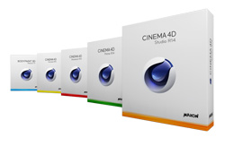 Four white software boxes for Cinema 4D arranged in a diagonal line from front to back.