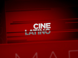 White and silver text reading 'CINE LATINO' against a dark red background with horizontal lines.