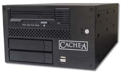 A black Cache-A desktop computer tower with disc drives and a USB port.