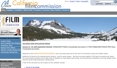 Website homepage for the California Film Commission featuring a mountain landscape banner.