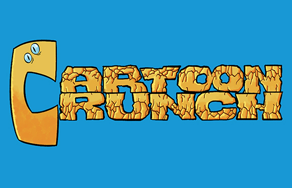 Stylized text reading 'Cartoon Crunch' with a large yellow letter C featuring eyes on a blue background.