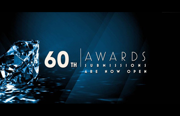 Graphic with a large diamond on the left and text reading 60th Awards Submissions Are Now Open on a dark blue background.