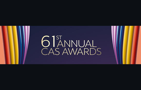 A purple banner with gold text reading 61st Annual CAS Awards, flanked by colorful vertical curved stripes.
