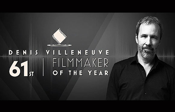 Black and white graphic for Denis Villeneuve, 61st Filmmaker of the Year, featuring a portrait of the man.