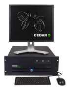 A black computer tower with a monitor displaying the CEDAR logo, a keyboard, and a mouse on a white background.