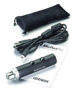 MicPort Pro microphone, USB cable, black pouch, and quick start guide on a white surface.