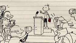 Line drawing of a boy standing at a podium speaking to a crowd holding cameras and phones.