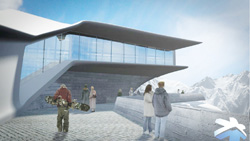 A modern glass building overlooks a snowy mountain range with people on a stone terrace.