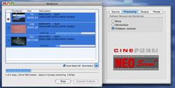 Software interface for NeoScene showing video clip lists and processing options.