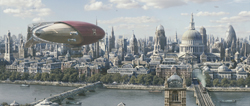 A large red and silver airship flies over a sprawling city skyline featuring a large white dome.