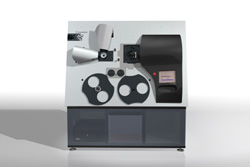 A large white and black industrial machine with various mechanical components and a small digital display.