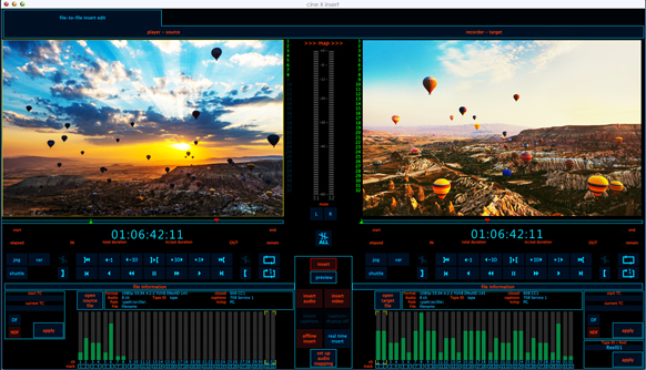 Software interface showing a source and target video window of hot air balloons over a canyon at sunset.