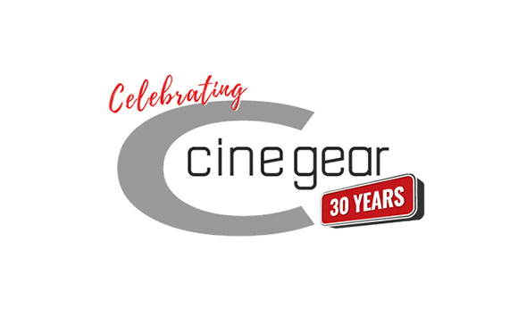 Logo for Cine Gear celebrating 30 years with red script and a red rectangular badge.