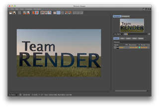 Software interface showing a landscape image with the text Team RENDER in large black letters.