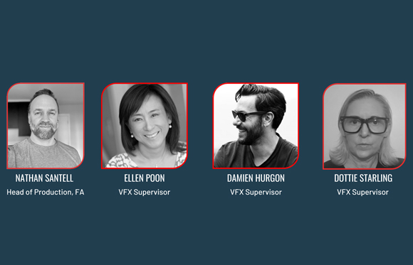 Four black and white portraits of staff members with names and job titles on a dark background.